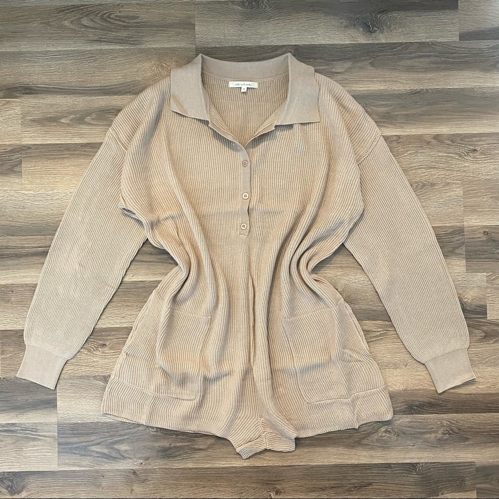 Tan Knit Button Down Romper - Picture 2 of 6